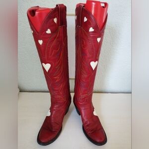 Vintage 1970s, red, leather, knee high, cowboy boots, Size 6